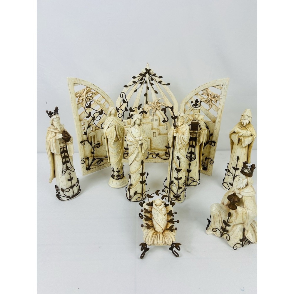 9 Piece White Resin Nativity Scene Set Christmas Decor Tall Metal Embellished